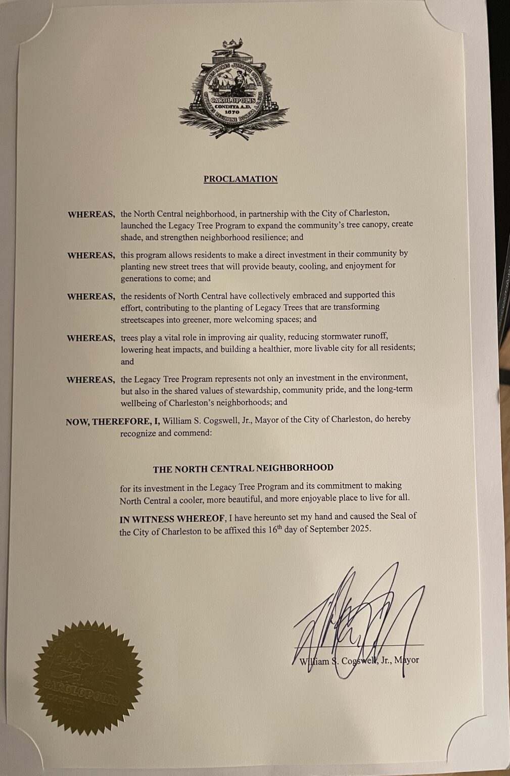 Legacy Tree Mayoral Proclamation - North Central Neighborhood Association